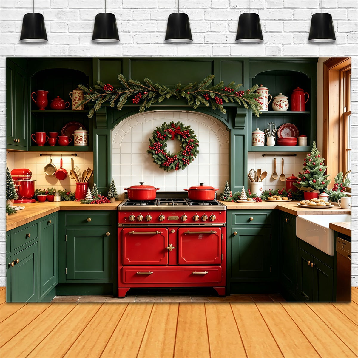Christmas Kitchen Backdrops Green Garland Room Decor Studio Backdrops Christmas UK GQ69-1