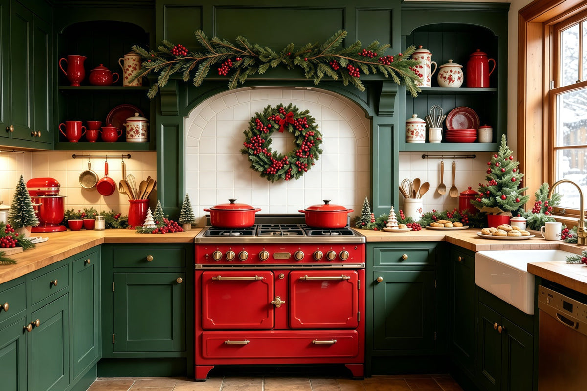 Christmas Kitchen Backdrops Green Garland Room Decor Studio Backdrops Christmas UK GQ69-1