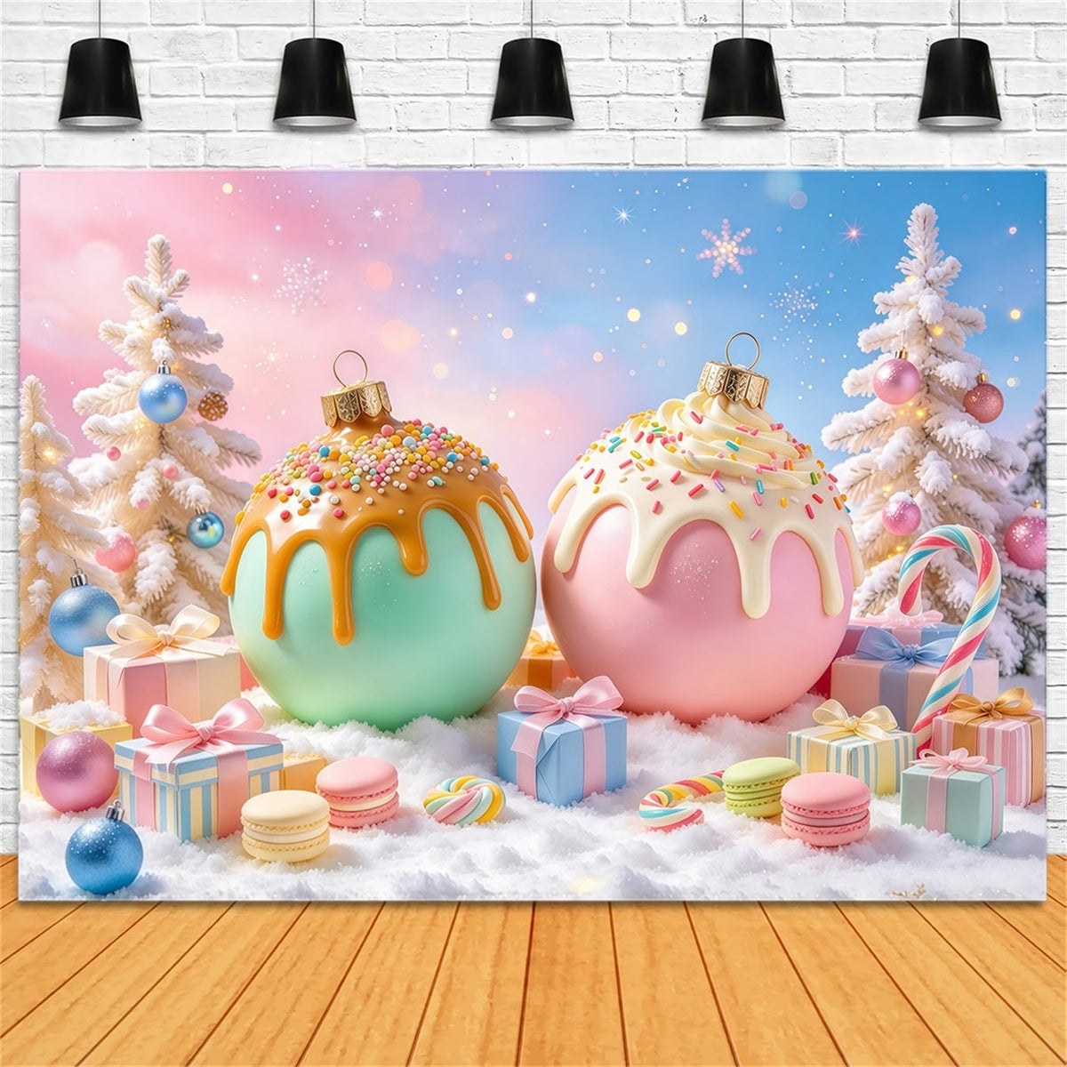 A Christmas Story Backdrop Green Pink Candy Ornament Pastel Christmas Backdrop UK GQ69-100