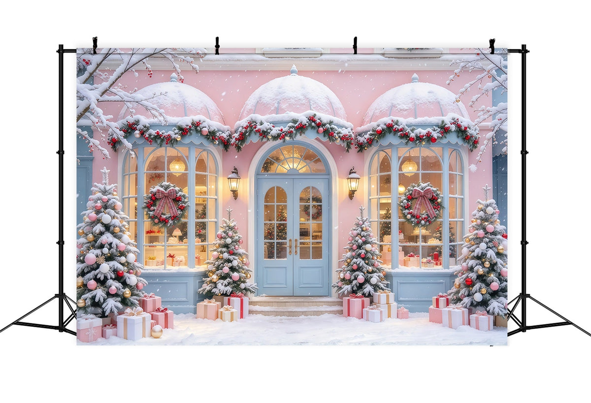 Christmas Family Backdrop Pastel Snowy Shopfront Display Pink Christmas Backdrops UK GQ69-102