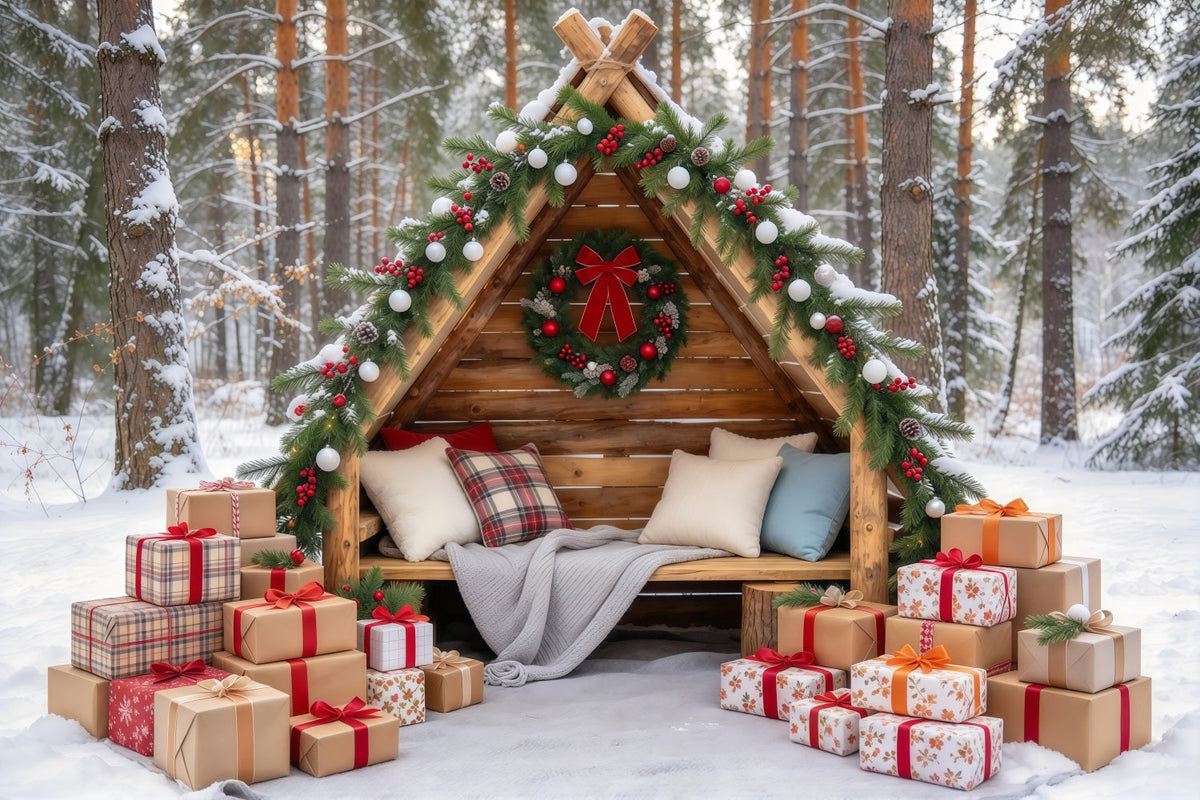 Outdoor Christmas Backdrop For Photos Rustic Woodland Cabin Christmas Vacation Photo Backdrop UK GQ69-105
