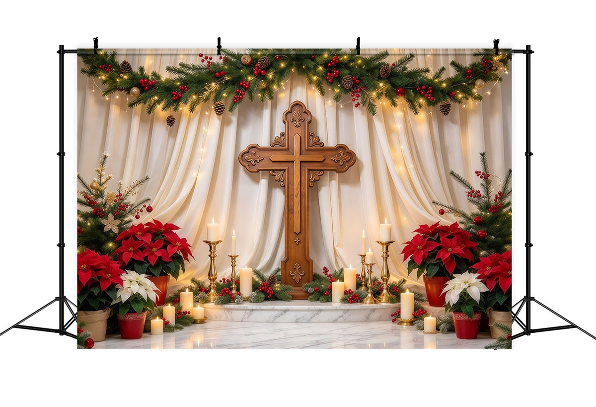Religious Christmas Backdrops Candlelit Cross Poinsettia Christian Christmas Backdrops UK GQ69-106