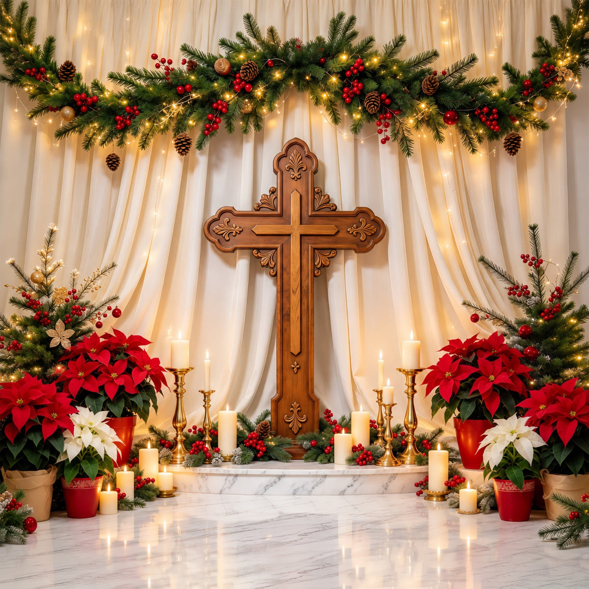 Religious Christmas Backdrops Candlelit Cross Poinsettia Christian Christmas Backdrops UK GQ69-106