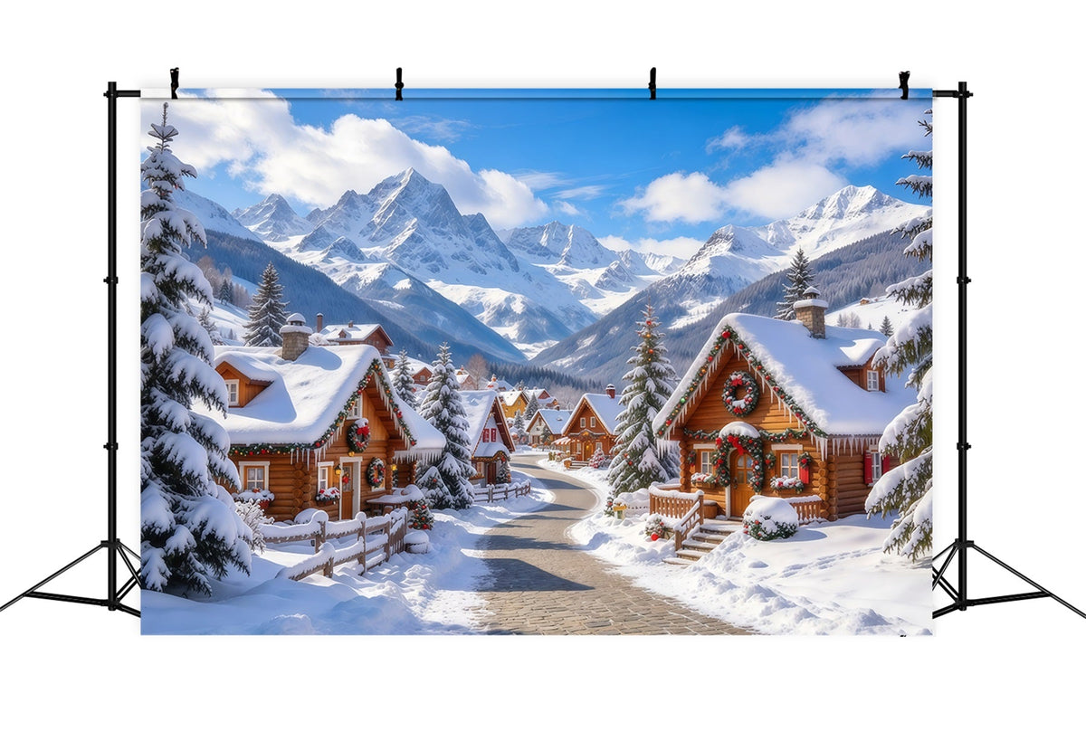 Christmas Village Backdrop Snowy Alpine Cabin Countryside Christmas Backdrop Cloth UK GQ69-107