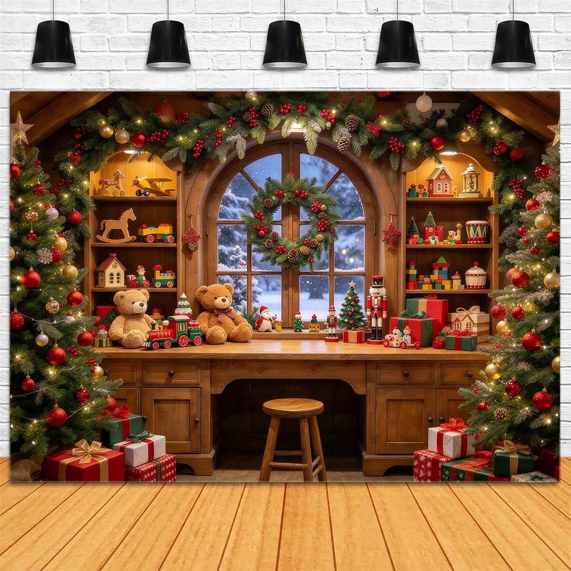 Christmas Backdrop Santa Workshop Cozy Toy Room Interior Backdrop For Pictures With Santa UK GQ69-109