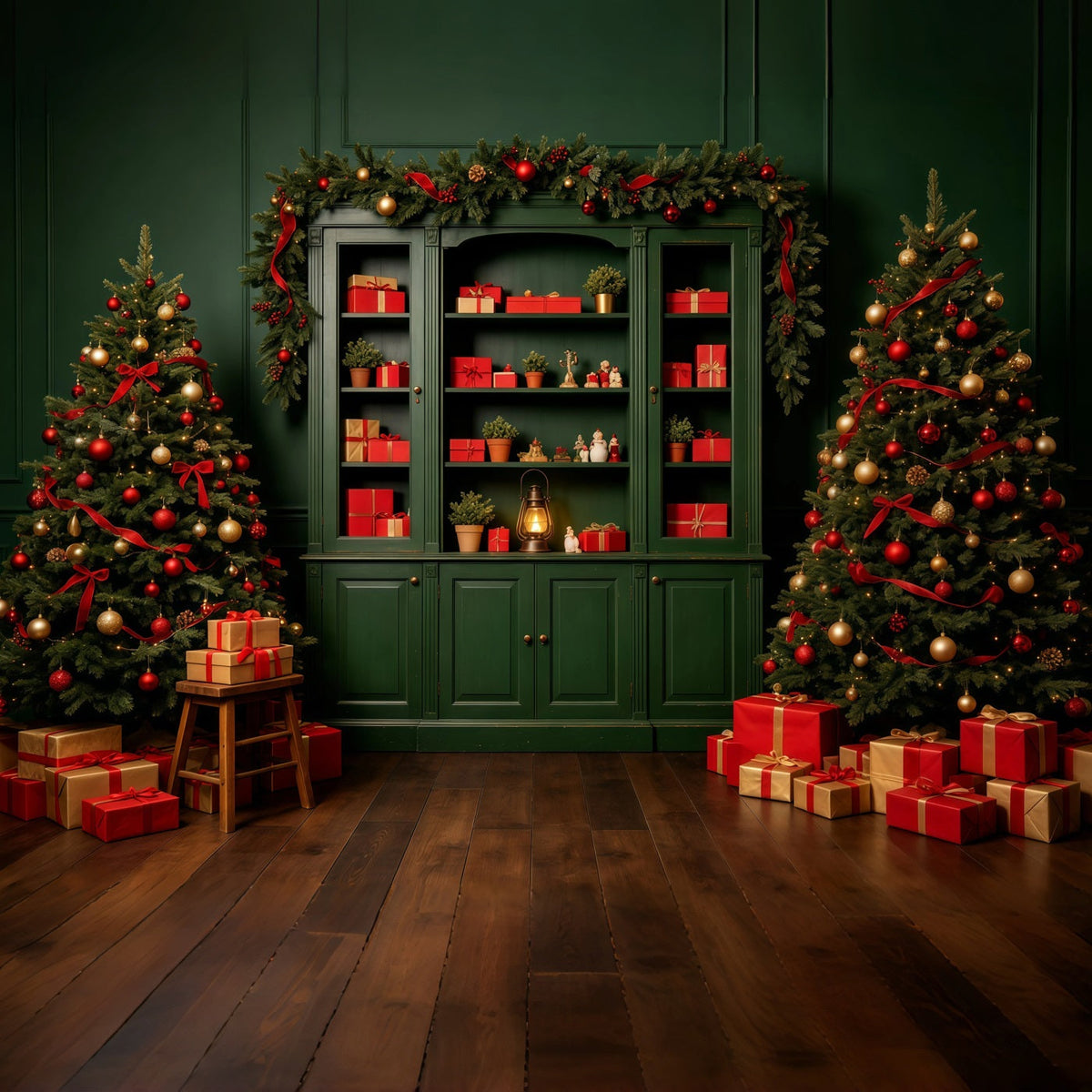 Green Christmas Backdrop Cabinet Gift Display Professional Christmas Backdrop UK GQ69-11