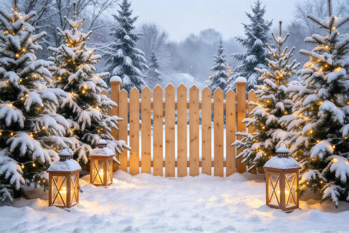 Christmas Backdrop Outside Snowy Pine Lantern Fence Cloth Christmas Backdrops UK GQ69-110