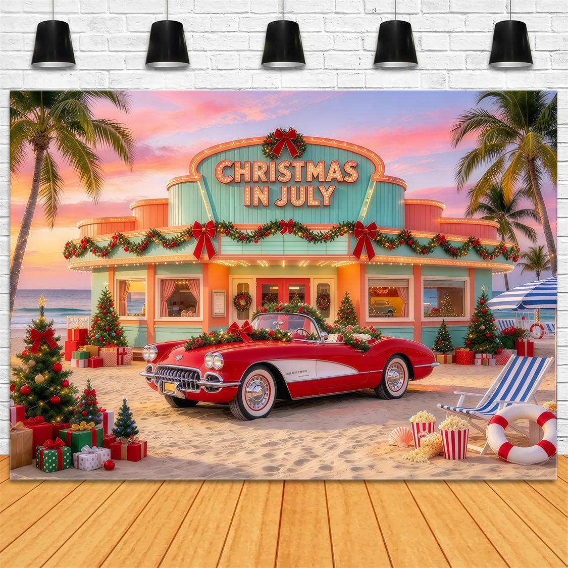 Christmas In July Photo Backdrop Tropical Holiday Car Christmas Tree Wedding Backdrop UK GQ69-117