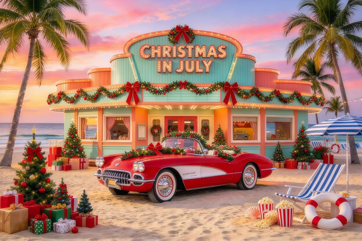 Christmas In July Photo Backdrop Tropical Holiday Car Christmas Tree Wedding Backdrop UK GQ69-117