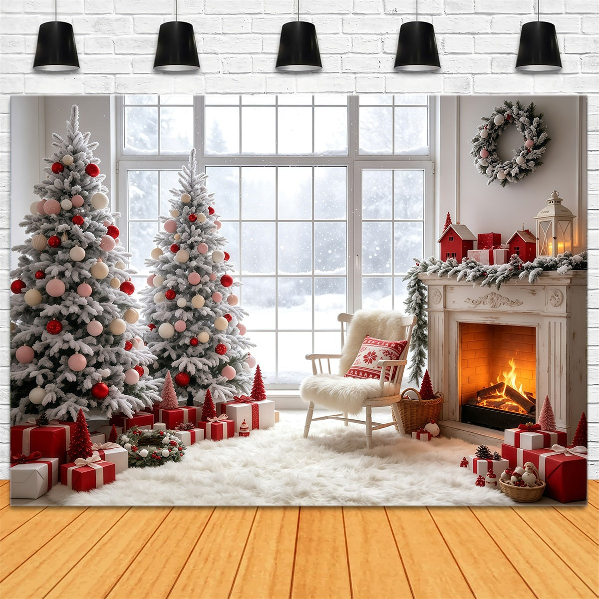 Christmas Window Backdrop Pink Tree Fireplace Room Wall Backdrop Christmas UK GQ69-12