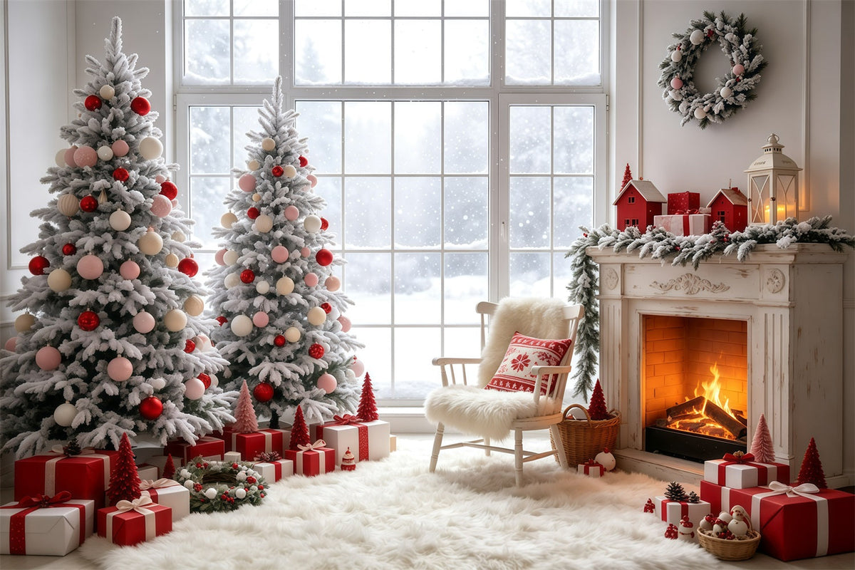 Christmas Window Backdrop Pink Tree Fireplace Room Wall Backdrop Christmas UK GQ69-12