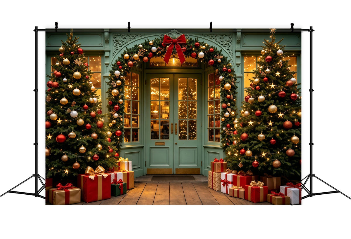 Christmas Store Backdrop Green Door Garland Entrance Muslin Christmas Backdrop UK GQ69-13