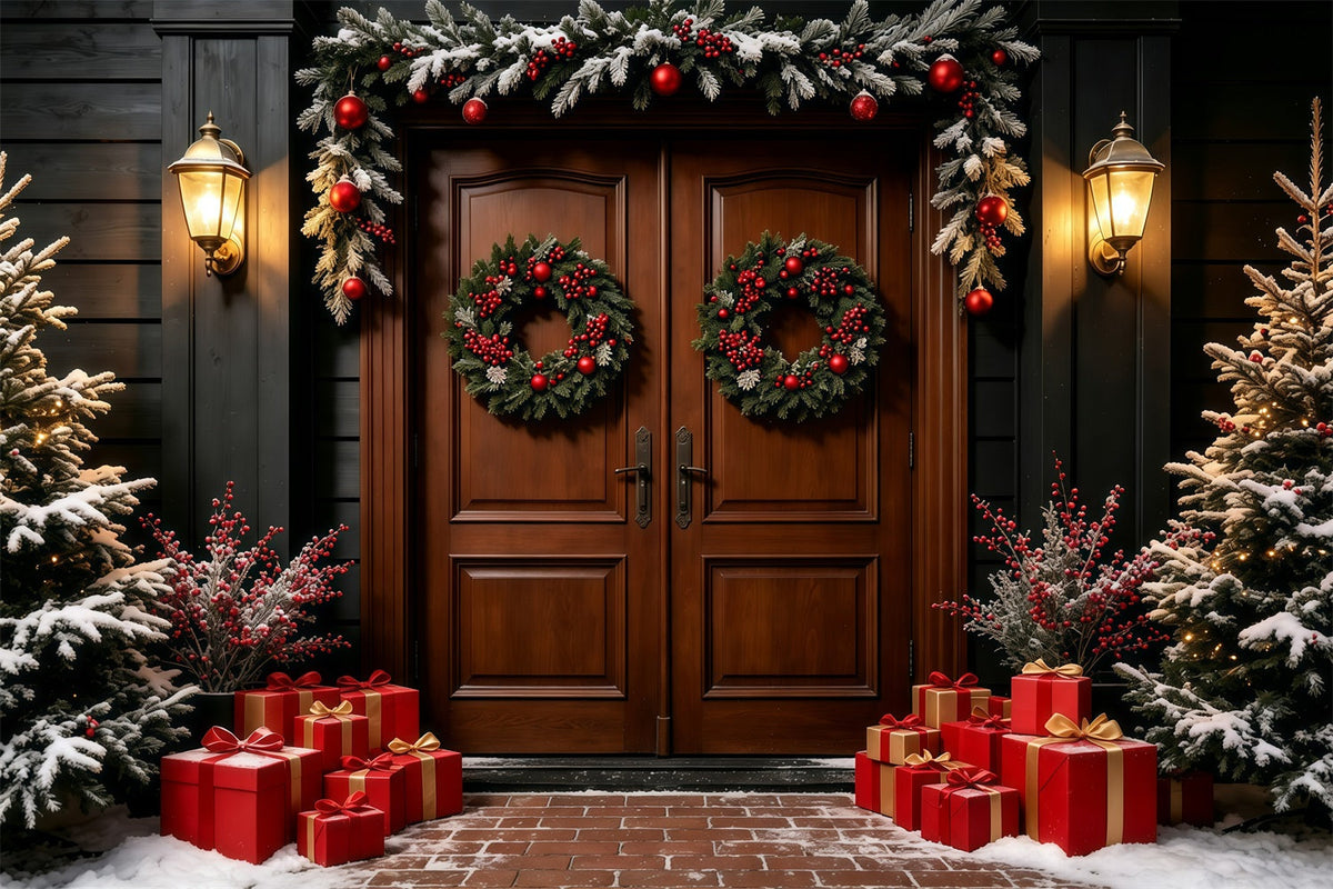 Dark Christmas Backdrop Double Wreath Wooden Door Photographic Backdrops Christmas UK GQ69-15