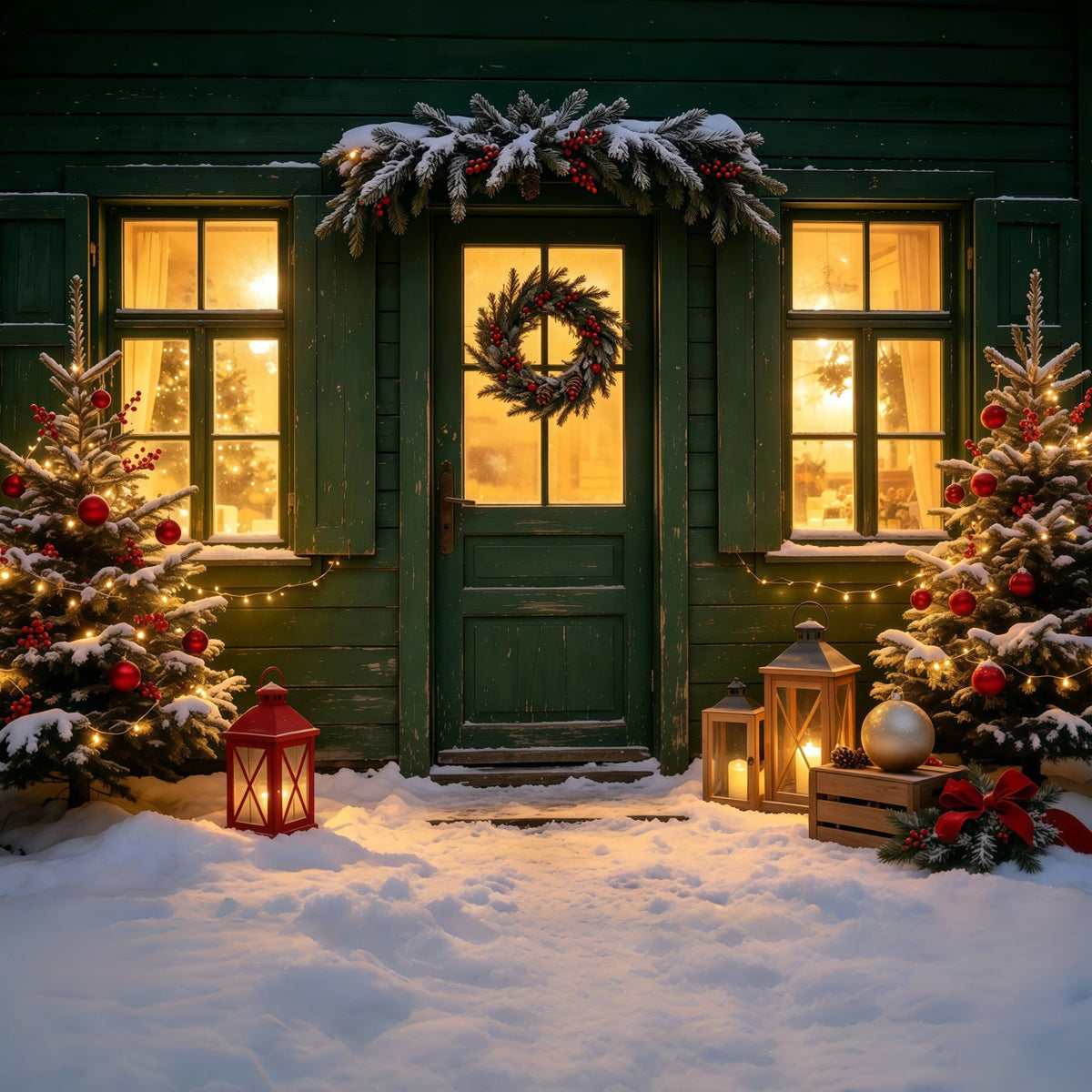 Christmas Scene Backdrop Green Cottage Wreath Entrance Christmas Backdrop UK GQ69-17