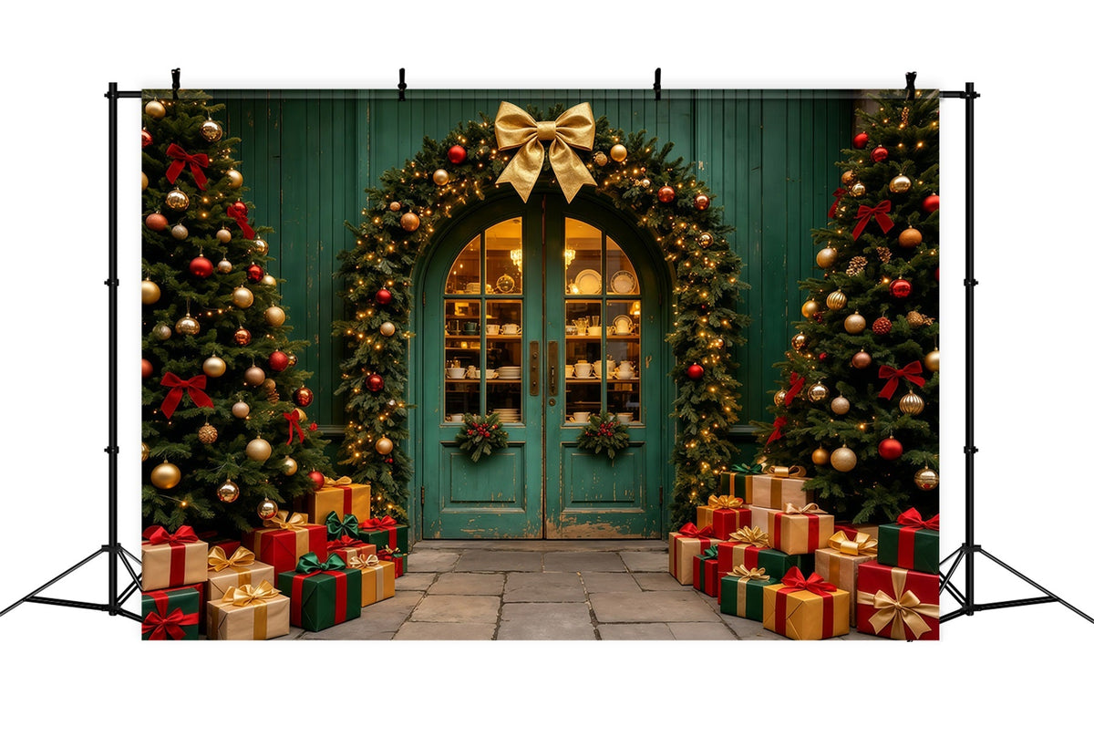 Christmas Store Backdrop Teal Arched Garland Entrance Christmas Backdrops UK GQ69-18