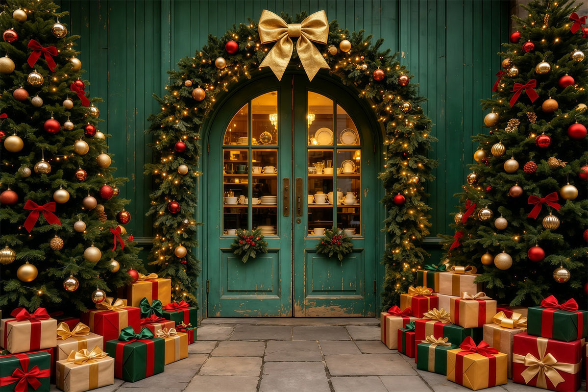 Christmas Store Backdrop Teal Arched Garland Entrance Christmas Backdrops UK GQ69-18