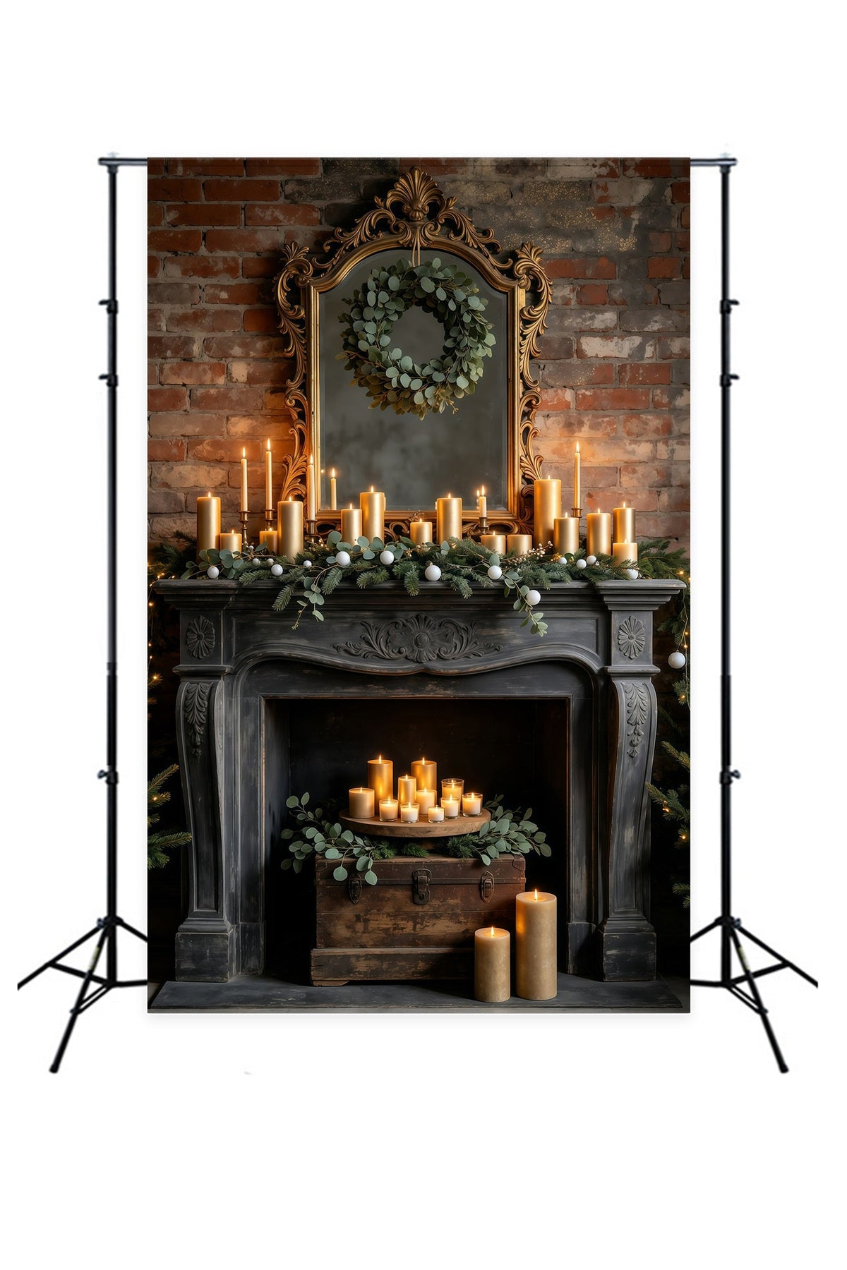 Christmas Fireplace Backdrop Vintage Mirror Candle Mantel Christmas Photo Backdrop UK GQ69-21