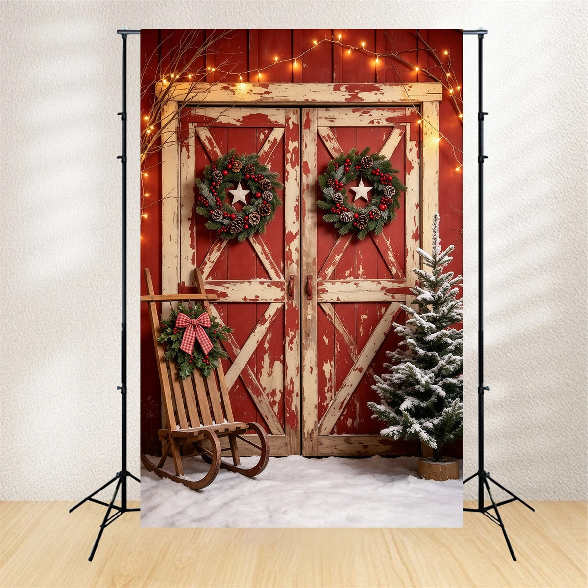 Christmas Door Backdrop Snowy Rustic Red Barn Christmas Photo Backdrops UK GQ69-22