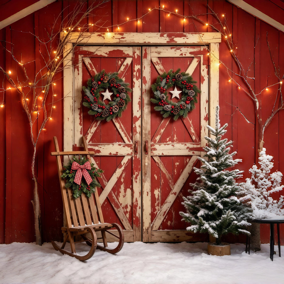 Christmas Door Backdrop Snowy Rustic Red Barn Christmas Photo Backdrops UK GQ69-22