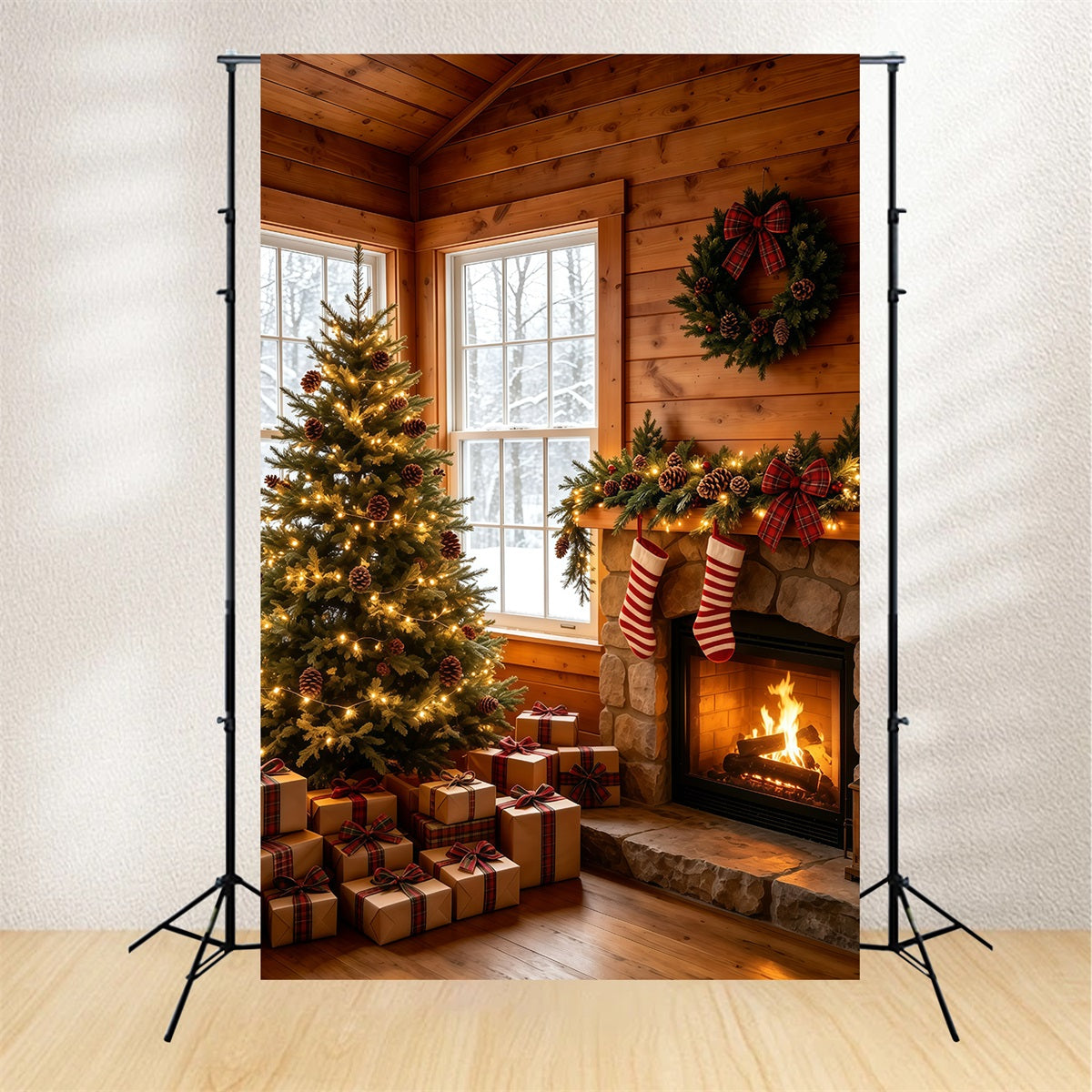 Rustic Christmas Backdrop Cozy Cabin Fireplace Tree Backdrop Christmas UK GQ69-23
