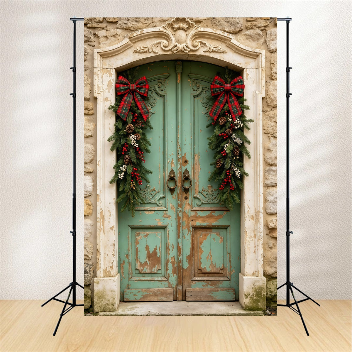 Christmas Door Backdrop Antique Green Door Garland Professional Christmas Backdrops UK GQ69-25