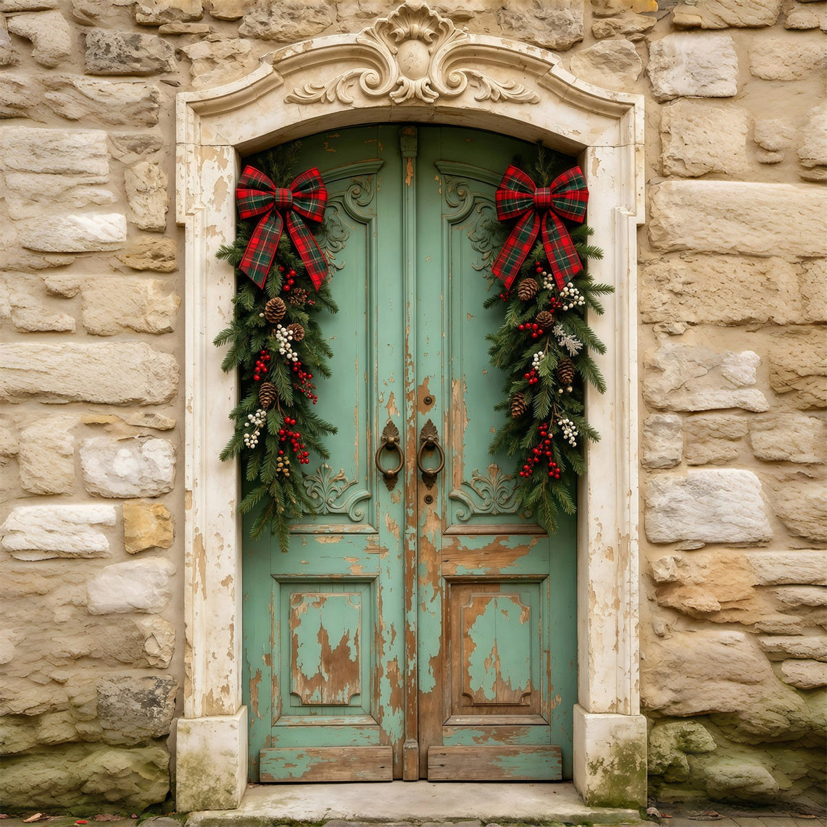 Christmas Door Backdrop Antique Green Door Garland Professional Christmas Backdrops UK GQ69-25