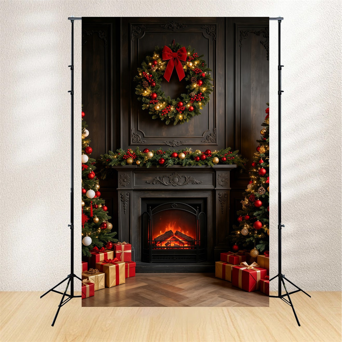 Dark Christmas Backdrop Vintage Fireplace Wreath Mantel Christmas Photography Backdrops UK GQ69-26