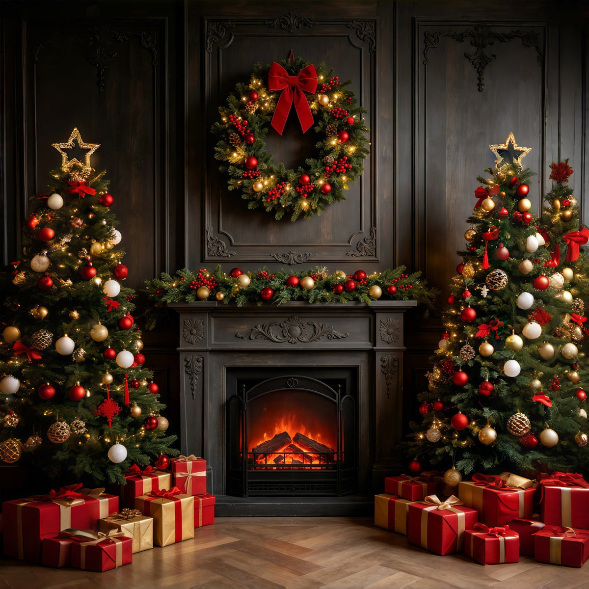 Dark Christmas Backdrop Vintage Fireplace Wreath Mantel Christmas Photography Backdrops UK GQ69-26