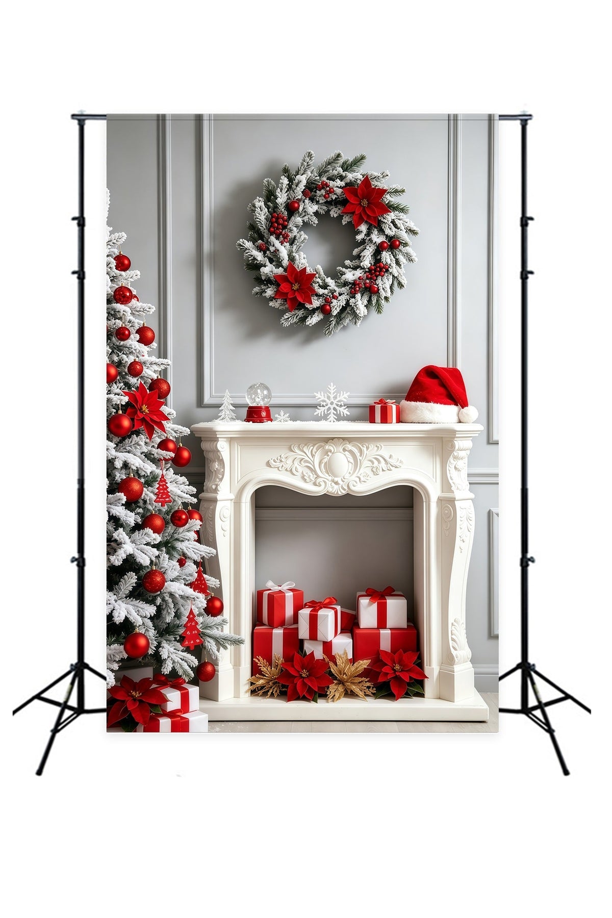Fireplace Backdrop Christmas White Poinsettia Mantel Decor Photo Backdrop Christmas UK GQ69-27