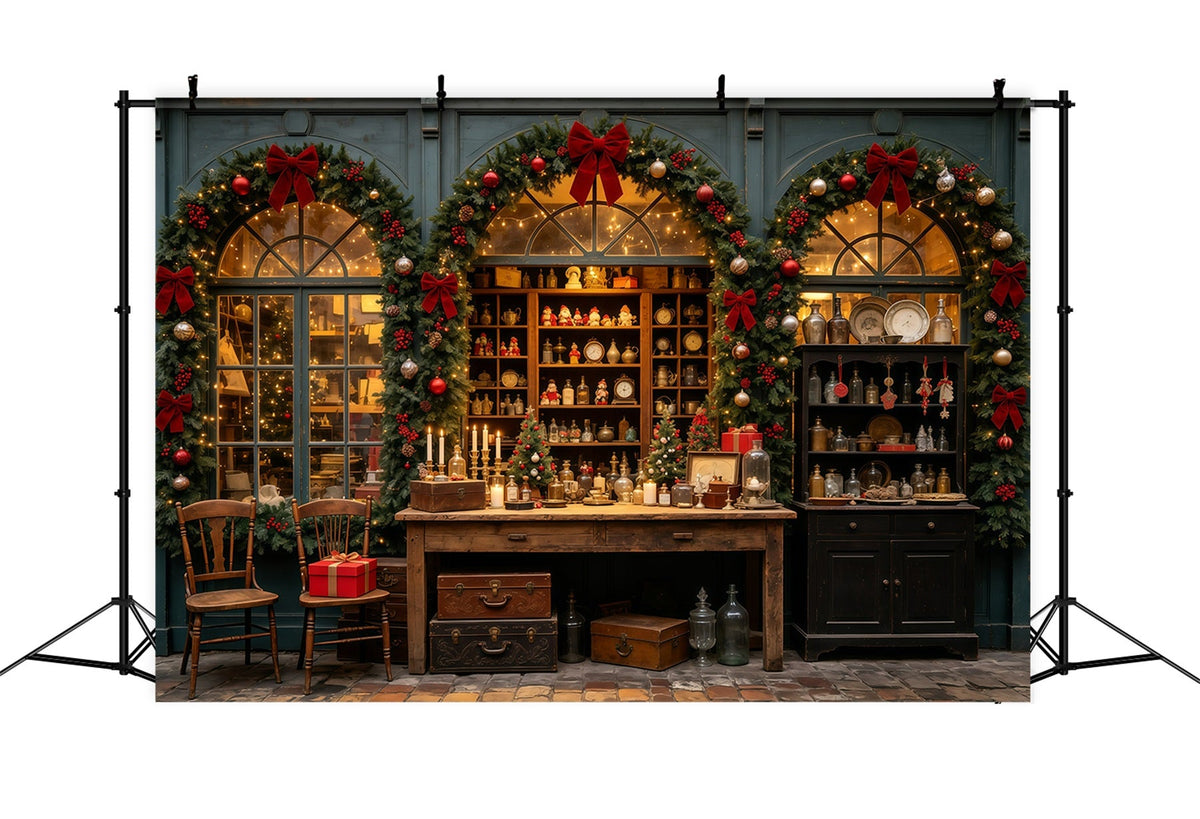 Christmas Storefront Backdrop Antique Shop Garland Window Christmas Wall Backdrop UK GQ69-29