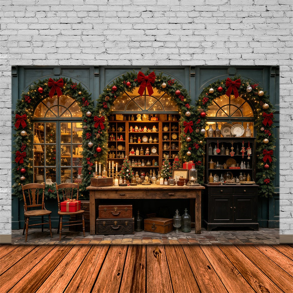 Christmas Storefront Backdrop Antique Shop Garland Window Christmas Wall Backdrop UK GQ69-29