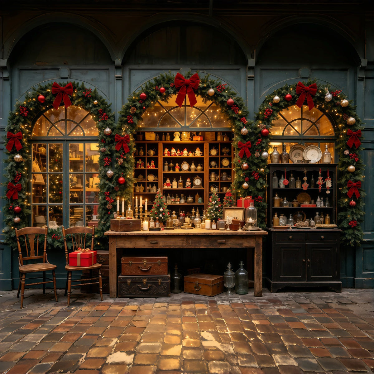 Christmas Storefront Backdrop Antique Shop Garland Window Christmas Wall Backdrop UK GQ69-29