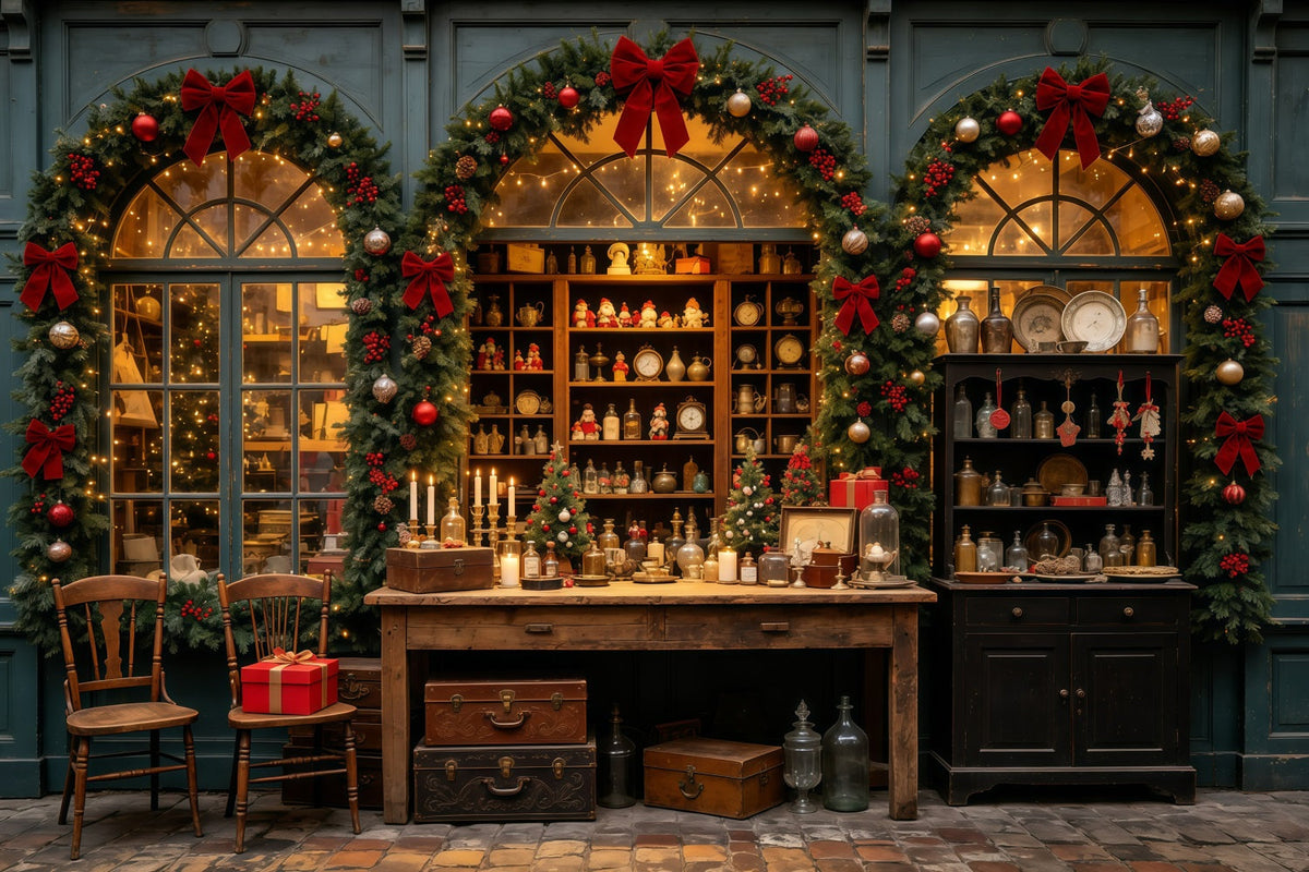 Christmas Storefront Backdrop Antique Shop Garland Window Christmas Wall Backdrop UK GQ69-29