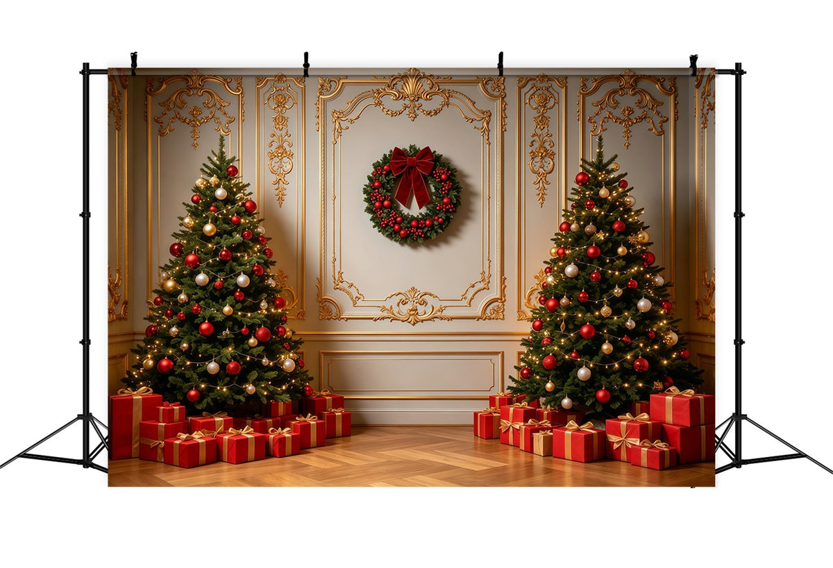 Christmas Wall Backdrop Elegant Gold Trim Interior Photo Christmas Backdrops UK GQ69-3