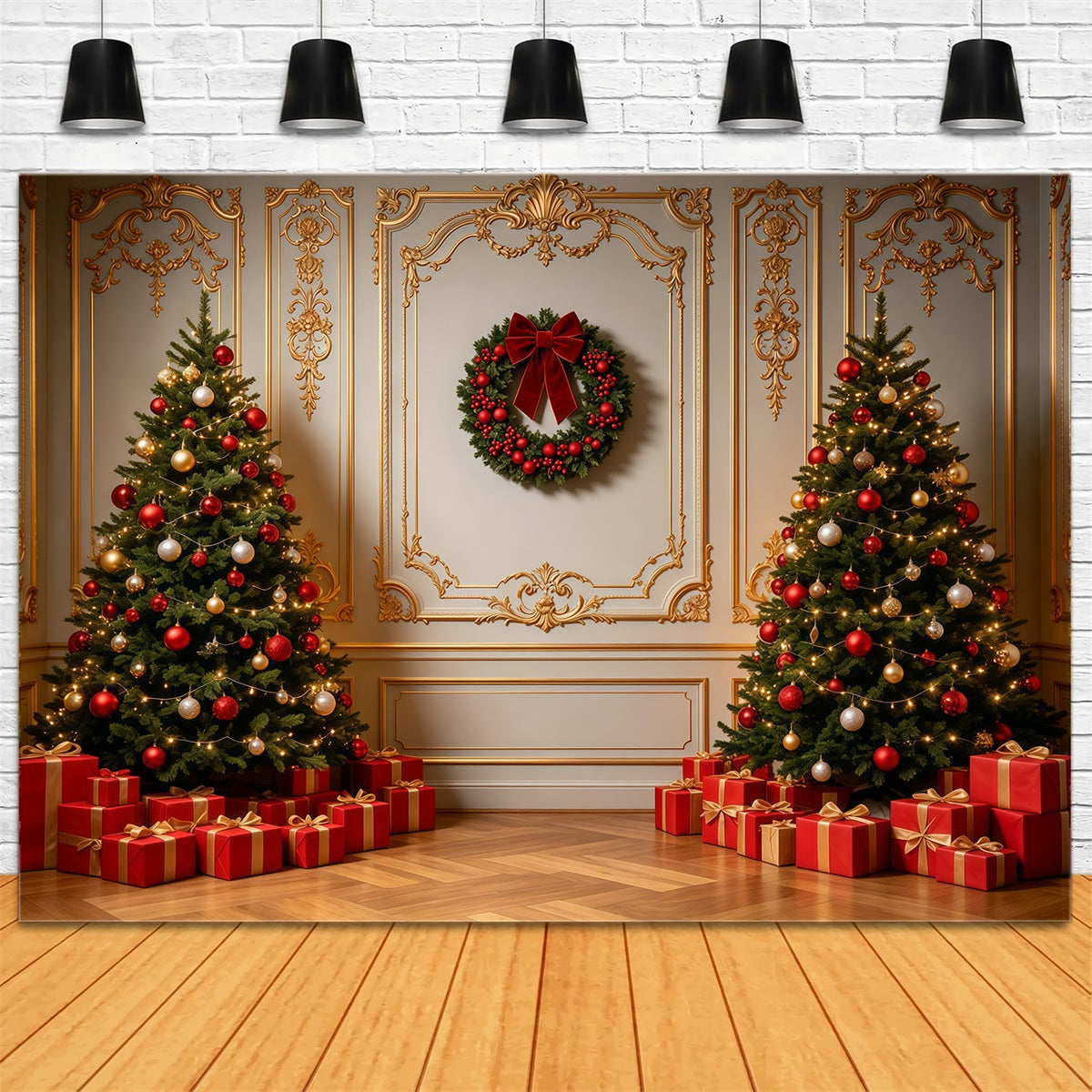 Christmas Wall Backdrop Elegant Gold Trim Interior Photo Christmas Backdrops UK GQ69-3