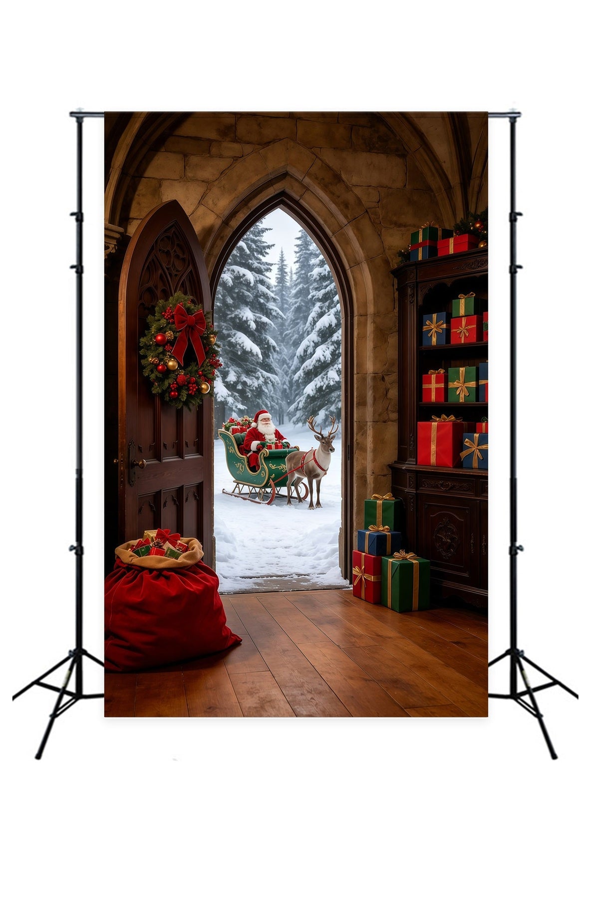 Santa Christmas Backdrop Gothic Arch Winter Entrance Large Christmas Backdrop UK GQ69-31