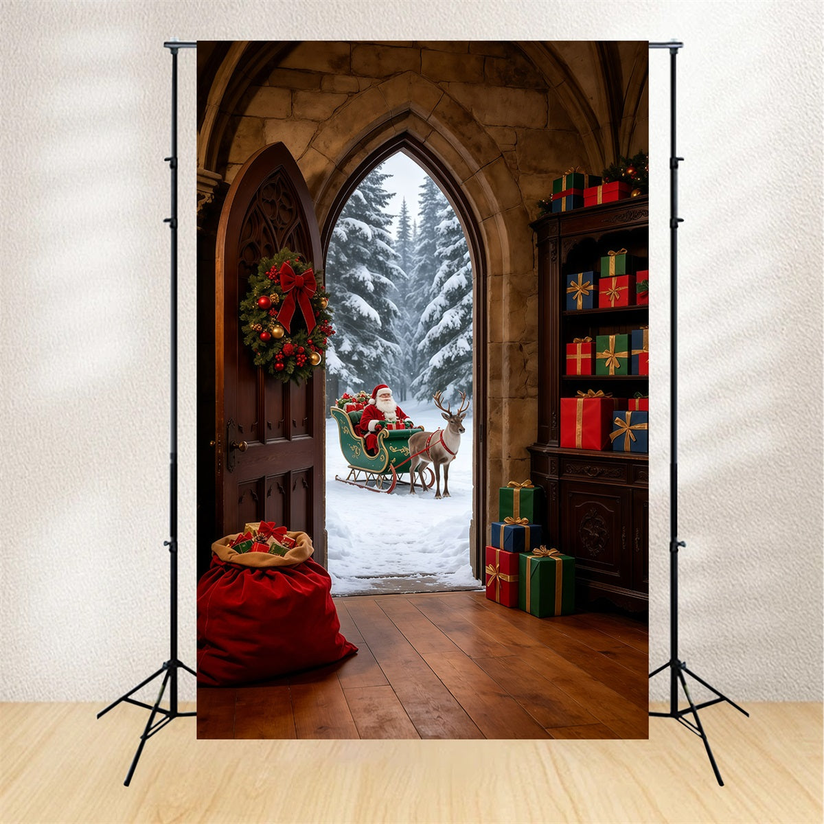Santa Christmas Backdrop Gothic Arch Winter Entrance Large Christmas Backdrop UK GQ69-31