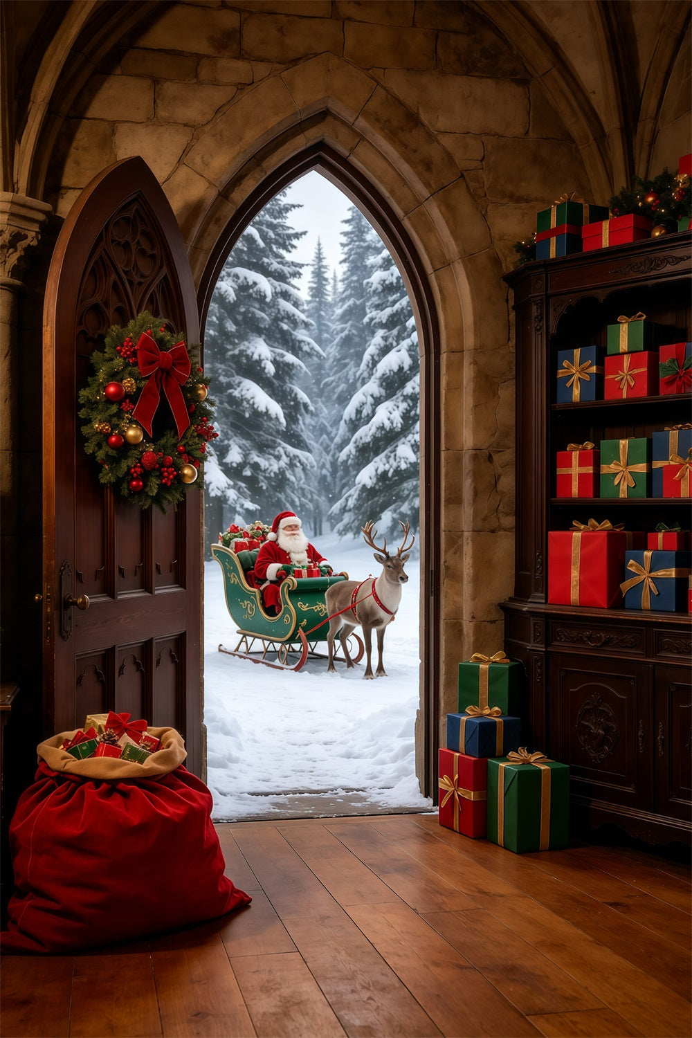 Santa Christmas Backdrop Gothic Arch Winter Entrance Large Christmas Backdrop UK GQ69-31