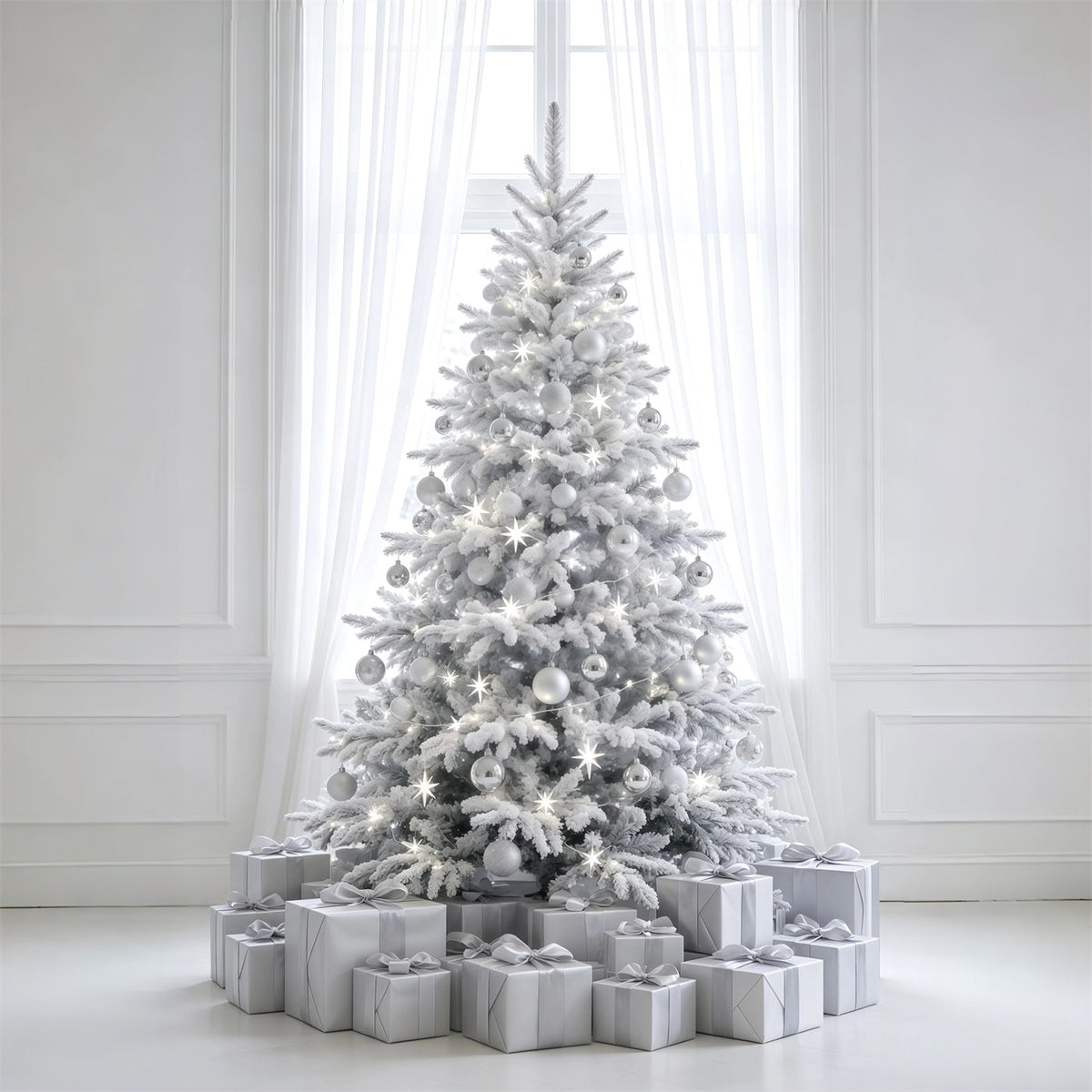 Simple Christmas Backdrop White Frosted Tree Decor Photography Backdrops Christmas UK GQ69-34