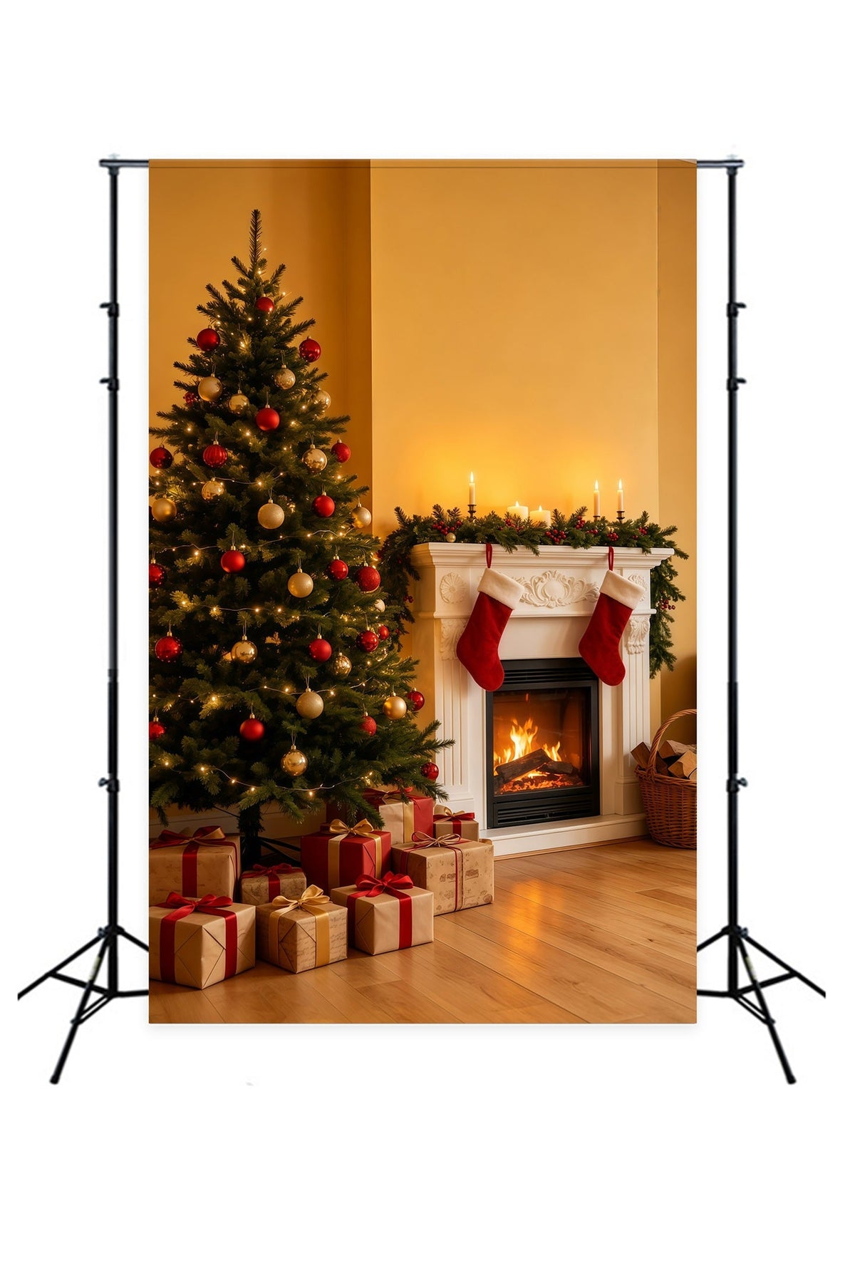 Cozy Christmas Backdrop Golden Fireplace Tree Corner Photo Backdrops Christmas UK GQ69-35