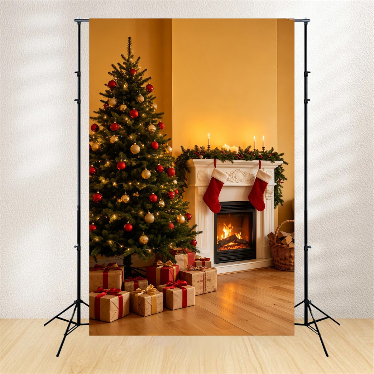 Cozy Christmas Backdrop Golden Fireplace Tree Corner Photo Backdrops Christmas UK GQ69-35