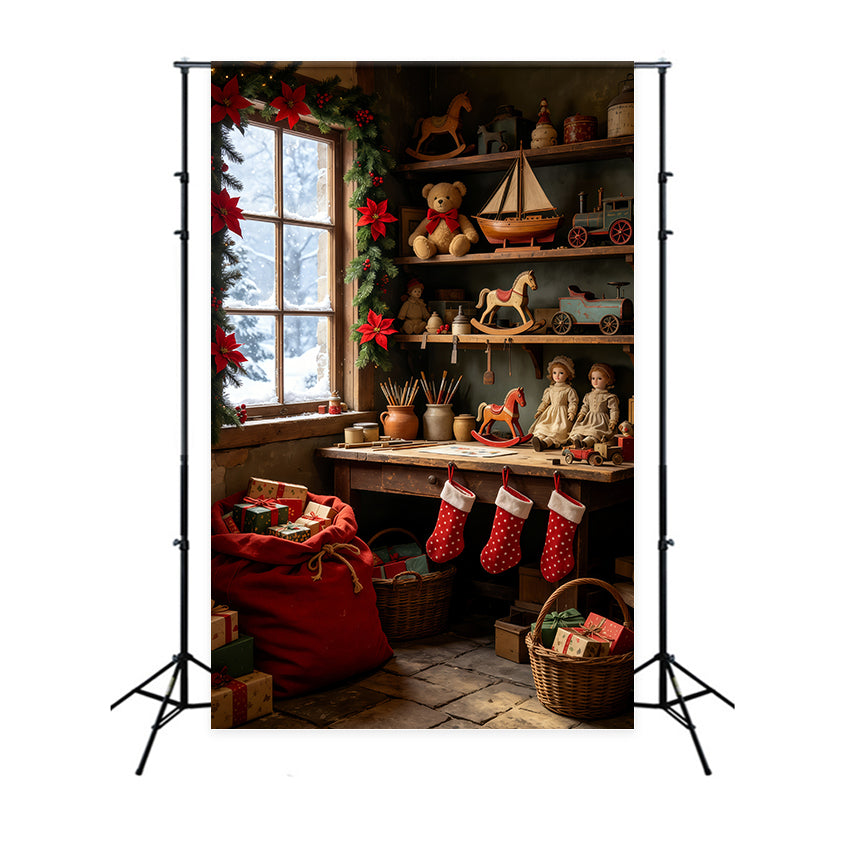 Christmas Cabin Backdrop Vintage Toy Shelf Room Christmas Studio Backdrop UK GQ69-37