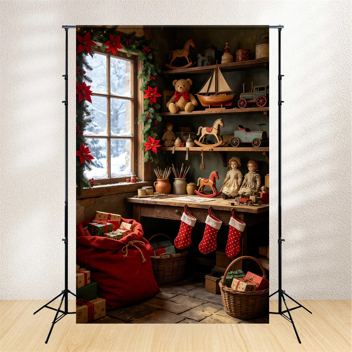 Christmas Cabin Backdrop Vintage Toy Shelf Room Christmas Studio Backdrop UK GQ69-37