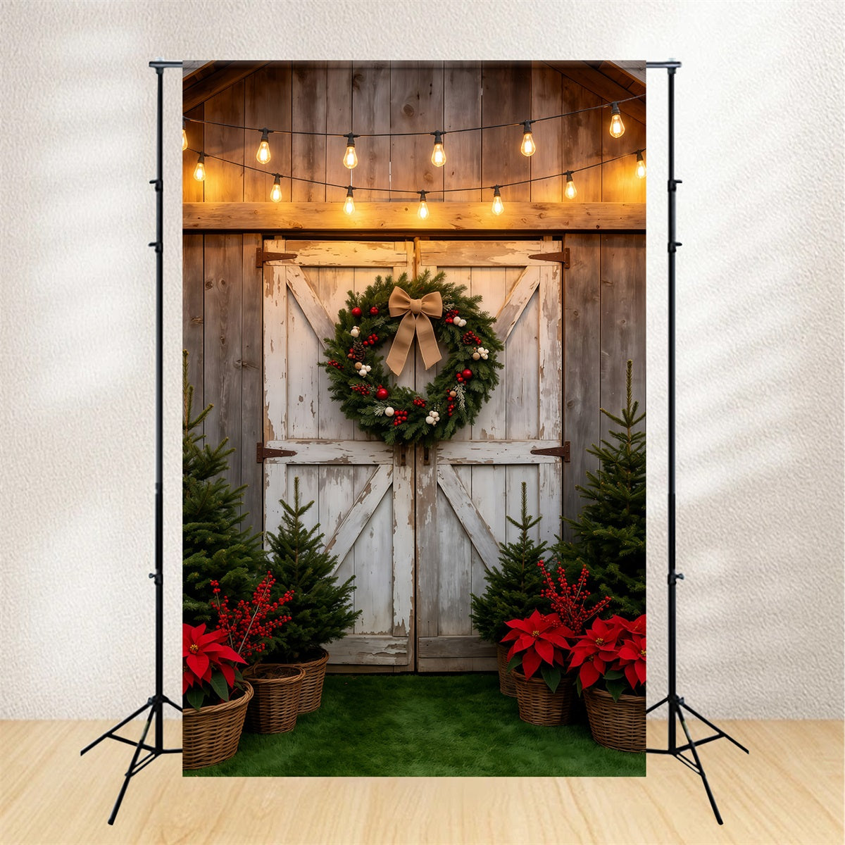 Christmas Tree Farm Backdrop Rustic Barn Door Wreath Photography Backdrop Christmas UK GQ69-38