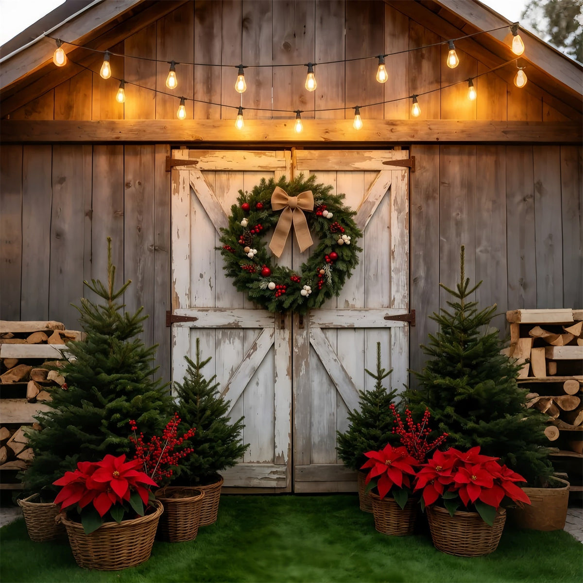 Christmas Tree Farm Backdrop Rustic Barn Door Wreath Photography Backdrop Christmas UK GQ69-38