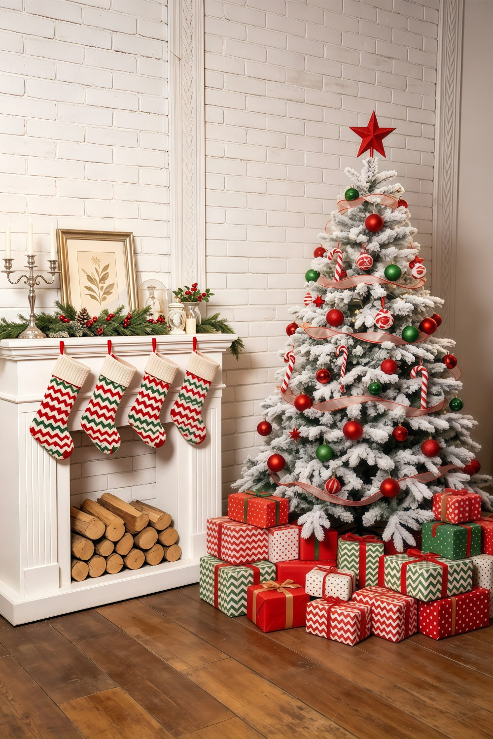 Cozy Christmas Backdrop Green Fireplace Mantel Decor Studio Christmas Backdrop UK GQ69-44