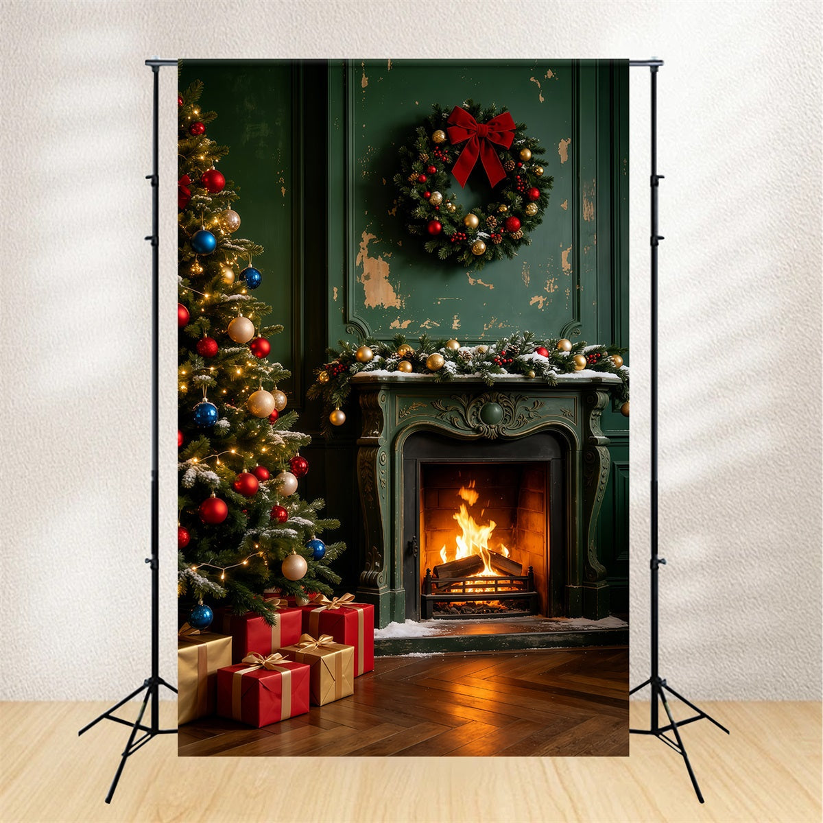 Vintage Christmas Backdrop Green Wood Fireplace Room Wall Christmas Backdrop UK GQ69-46