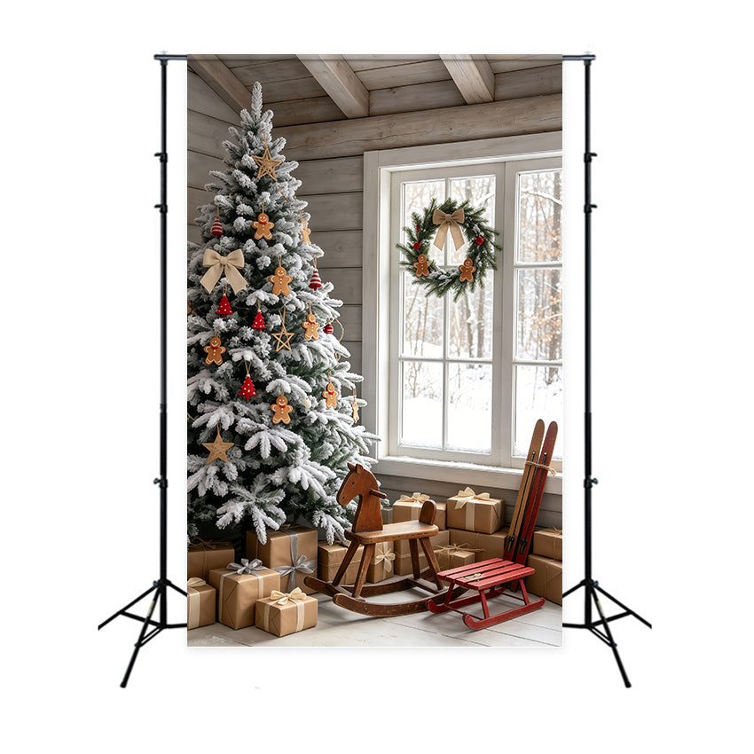 Christmas Cabin Backdrop Snowy Gingerbread Tree Room Christmas Indoor Backdrop UK GQ69-48