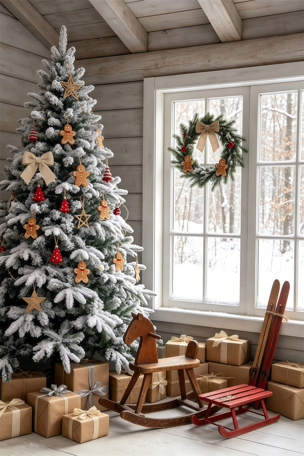 Christmas Cabin Backdrop Snowy Gingerbread Tree Room Christmas Indoor Backdrop UK GQ69-48