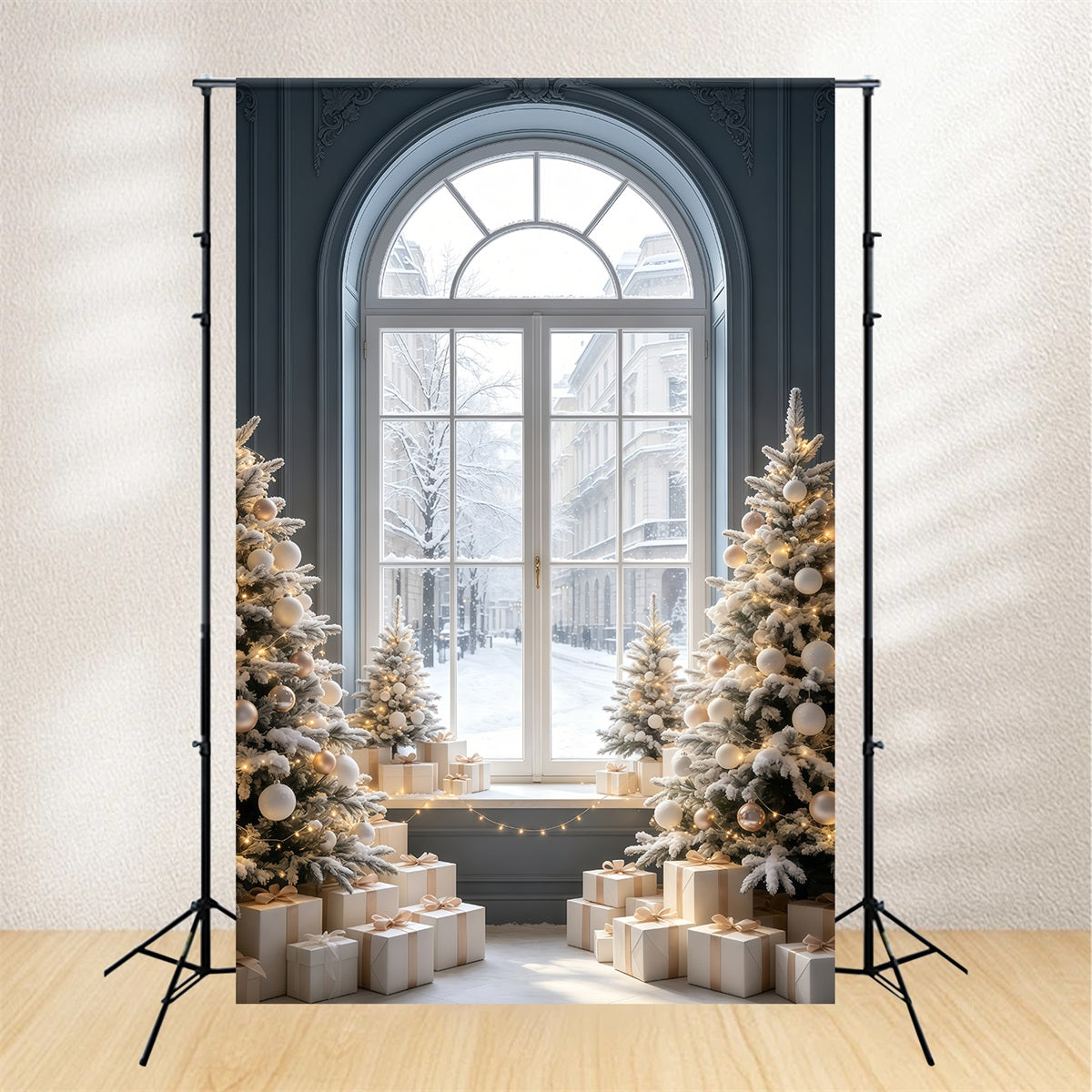 Christmas Window Backdrop Snowy Street View Tree Display Muslin Christmas Backdrop UK GQ69-52